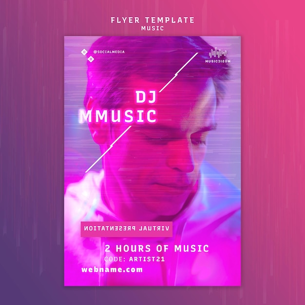 Free PSD vertical neon flyer template for music with artist