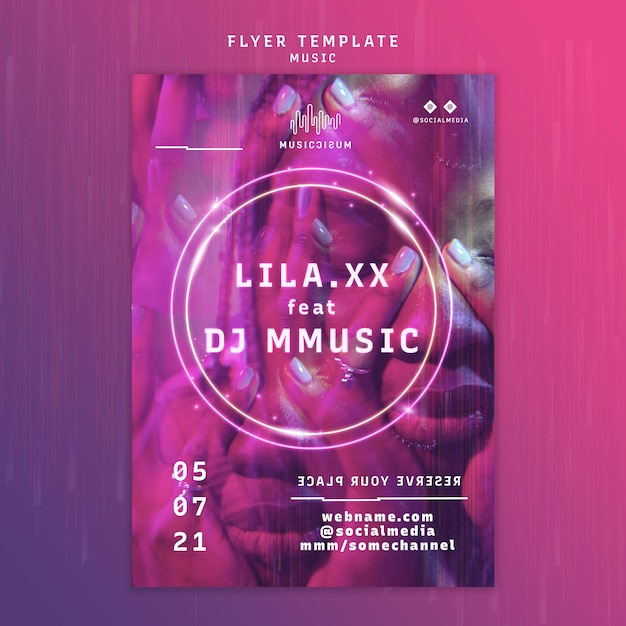 Free PSD vertical neon flyer template for music with artist