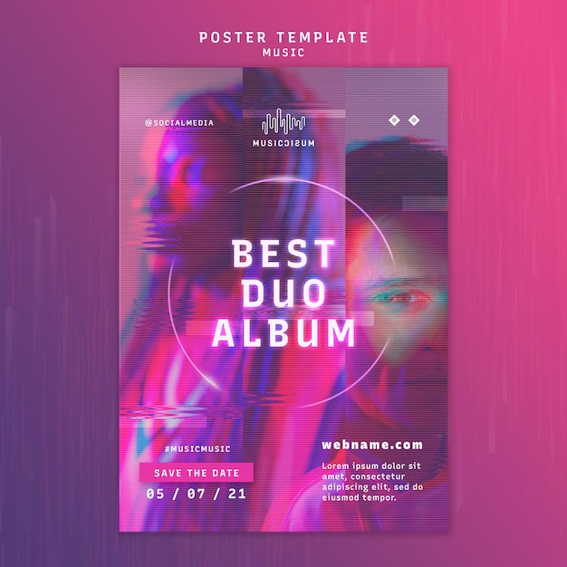 Modello di poster al neon verticale per musica con artista