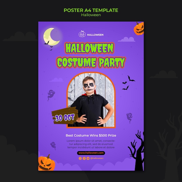 PSD gratuito modello di posta verticale per halloween con bambino in costume