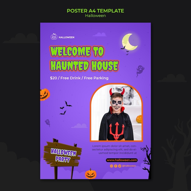 PSD gratuito modello di posta verticale per halloween con bambino in costume