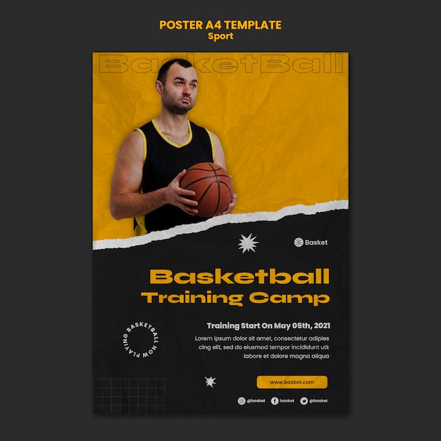 PSD gratuito poster verticale per partita di basket con giocatore di sesso maschile