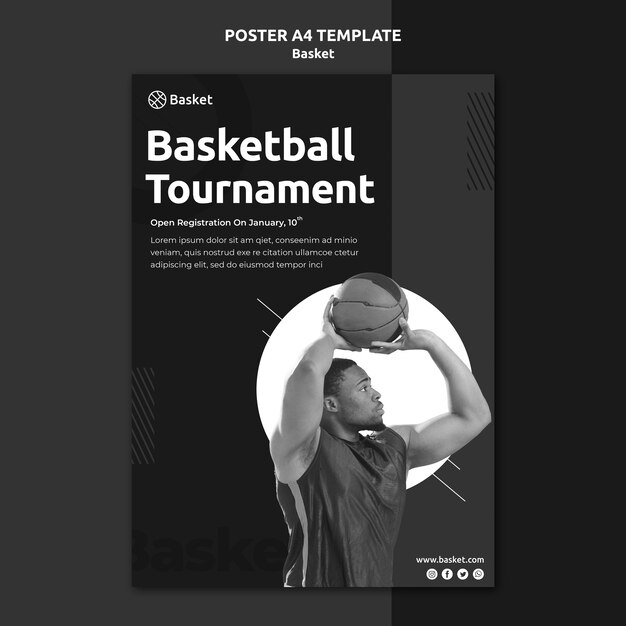 vertical poster in black and white with male basketball athlete