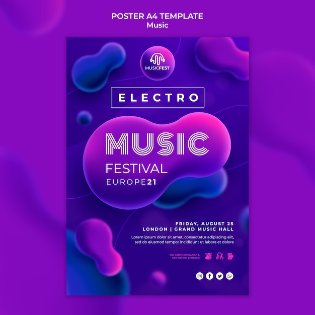 Poster verticale per festival di musica elettronica con forme di effetto liquido al neon