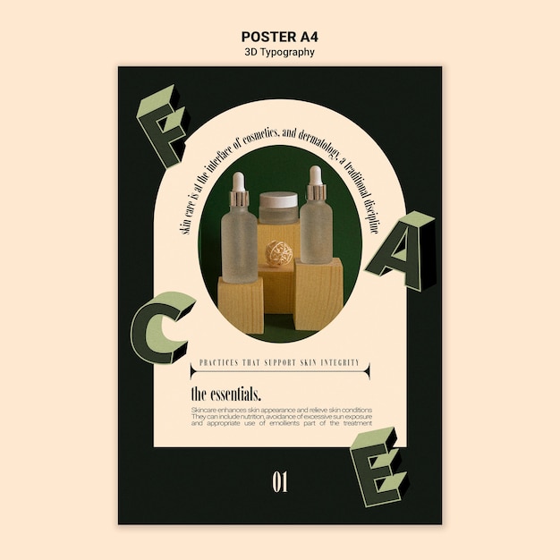 PSD gratuito poster verticale per esposizione bottiglia di olio essenziale con lettere tridimensionali