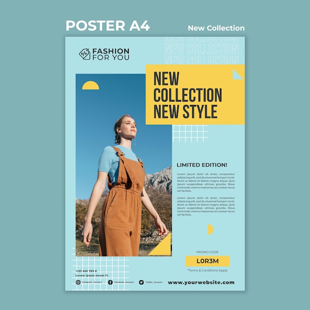 PSD gratuito poster verticale per la collezione di moda con la donna nella natura