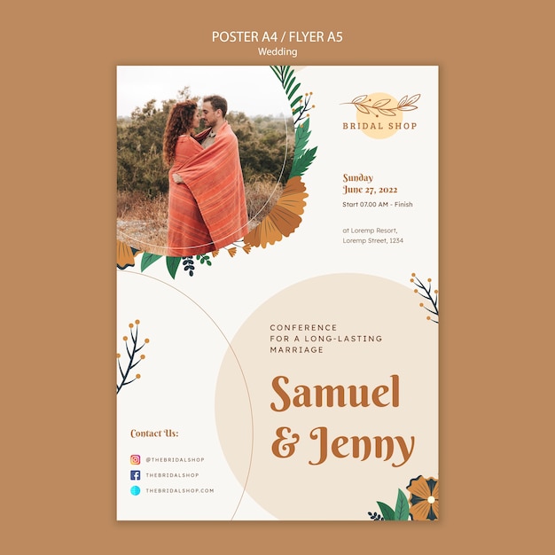 Free PSD vertical poster for floral wedding with leaves and couple