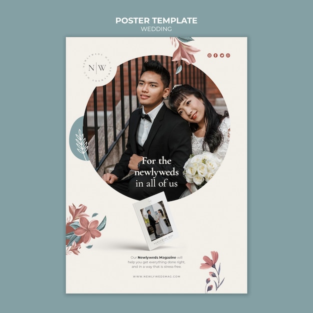 Бесплатный PSD Вертикальный плакат для цветочной свадьбы
