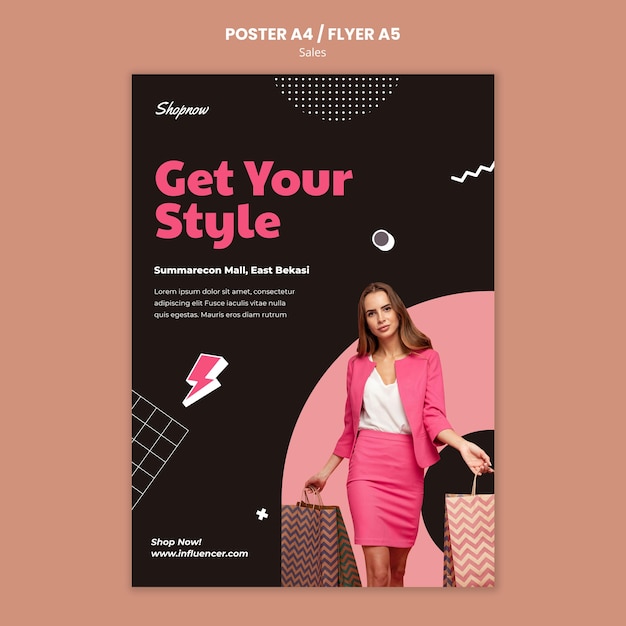 Вертикальный плакат для продажи с женщиной в розовом костюме