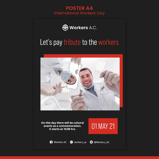 PSD gratuito poster verticale per la celebrazione del giorno dei lavoratori internazionali