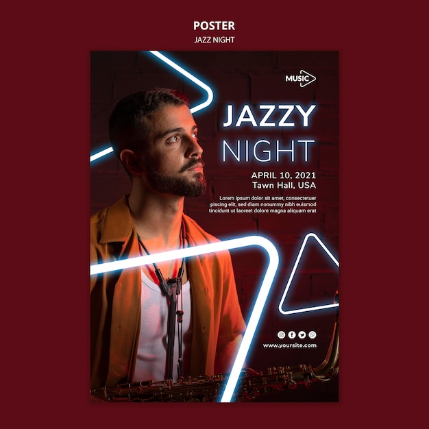 Free PSD vertical poster for neon jazz night event