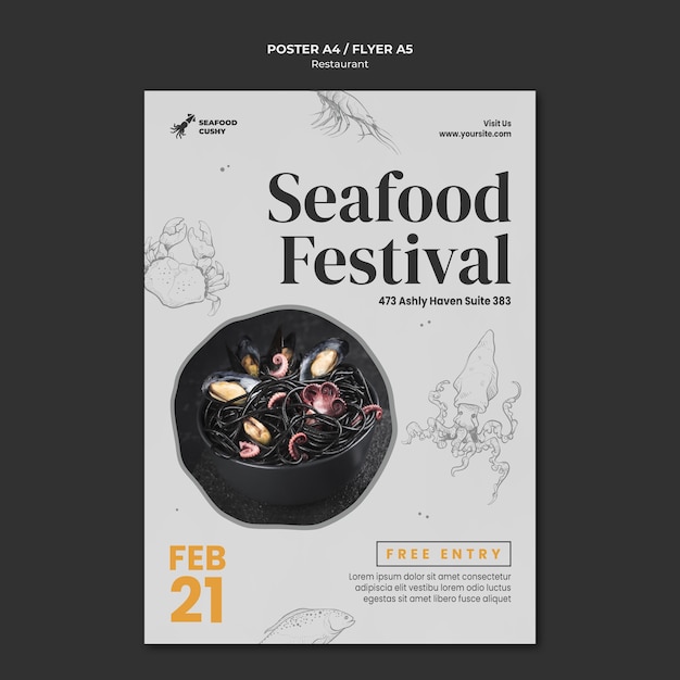 Free PSD vertical poster for seafood restaurant with mussels and noodles