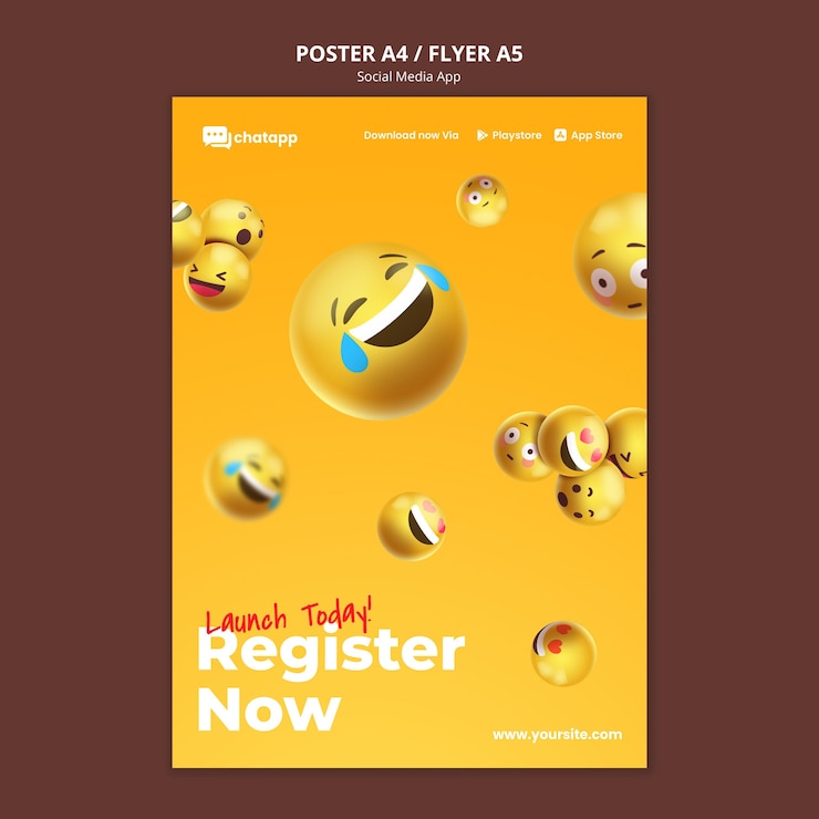 Free PSD vertical poster for social media chatting app with emojis