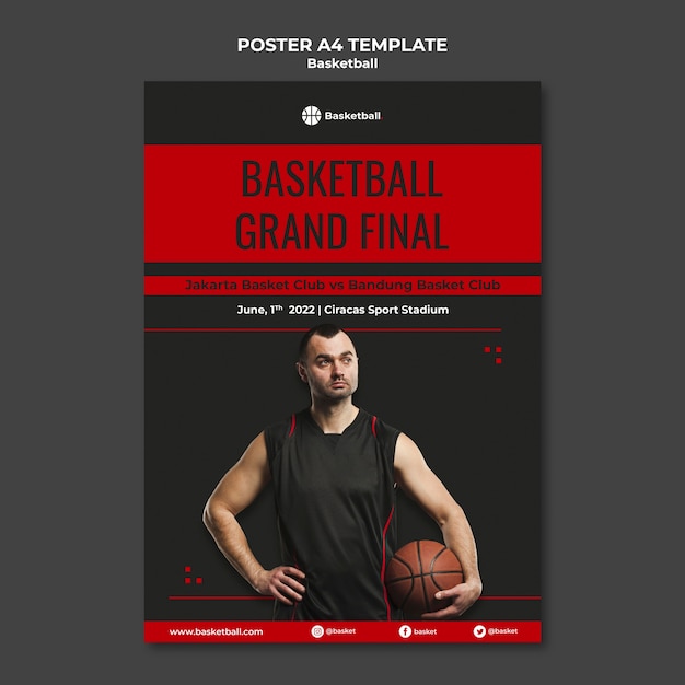 PSD gratuito modello di poster verticale per partita di basket con giocatore maschio