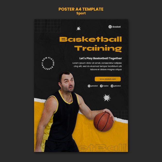 PSD gratuito modello di poster verticale per partita di basket con giocatore maschio