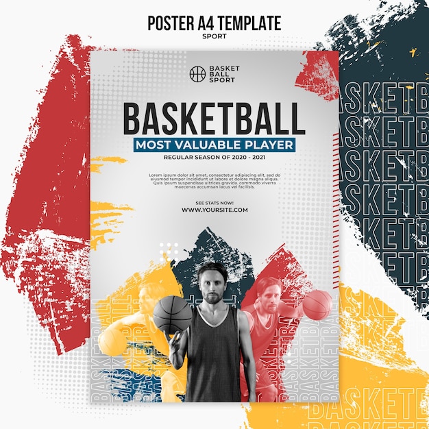 PSD gratuito modello di poster verticale per basket con giocatore maschio