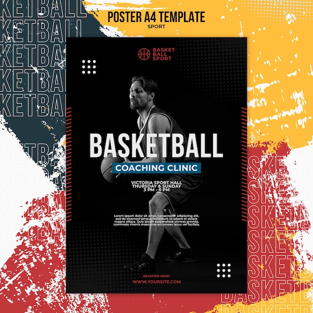 Modello di poster verticale per basket con giocatore maschio