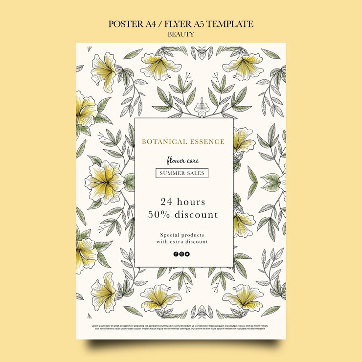 無料PSD 手描きの花と美容製品の垂直ポスターテンプレート