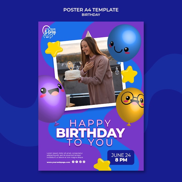 Free PSD vertical poster template for birthday party with funny balloons