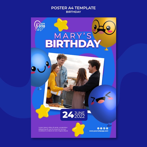 Free PSD vertical poster template for birthday party with funny balloons