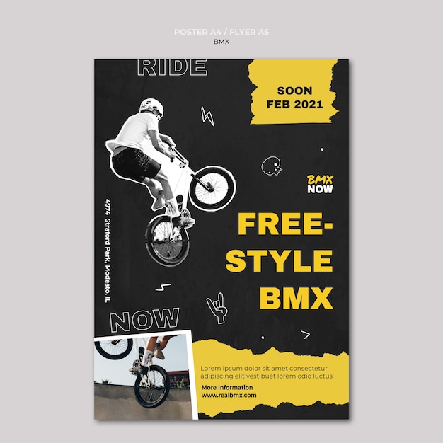 PSD gratuito modello di poster verticale per mountain bike bmx con uomo e bicicletta