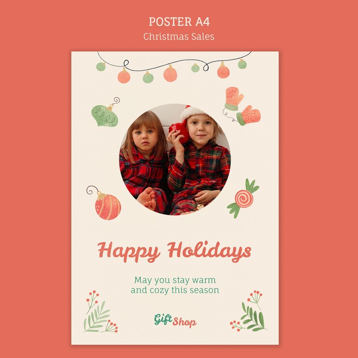Free PSD vertical poster template for christmas sale with children
