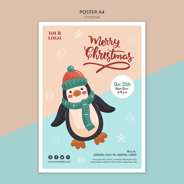 PSD gratuito modello di poster verticale per natale con il pinguino