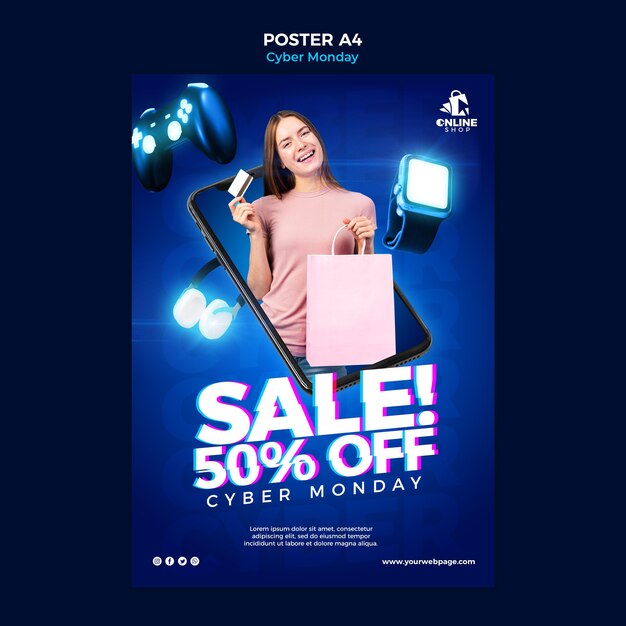 Vertical poster template for cyber monday with woman and items