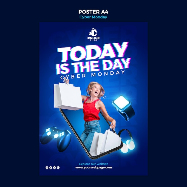 Free PSD vertical poster template for cyber monday with woman and items