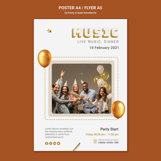 Free PSD vertical poster template for dj party with people and balloons