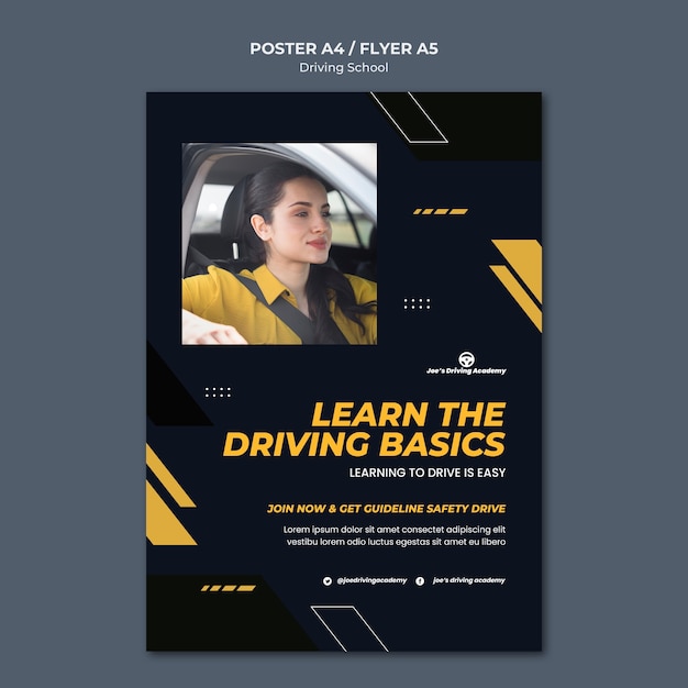 Vertical poster template for driving school with female driver – free PSD download