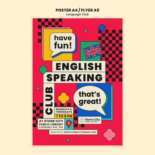 Free PSD vertical poster template for english language club