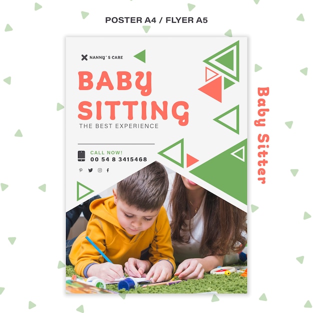 PSD gratuito modello poster verticale per baby-sitter femmina con bambino