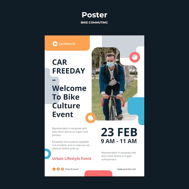 男性の乗客と自転車通勤のための垂直ポスターテンプレート