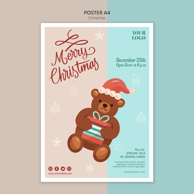 無料PSD クマとクリスマスの縦のポスターテンプレート