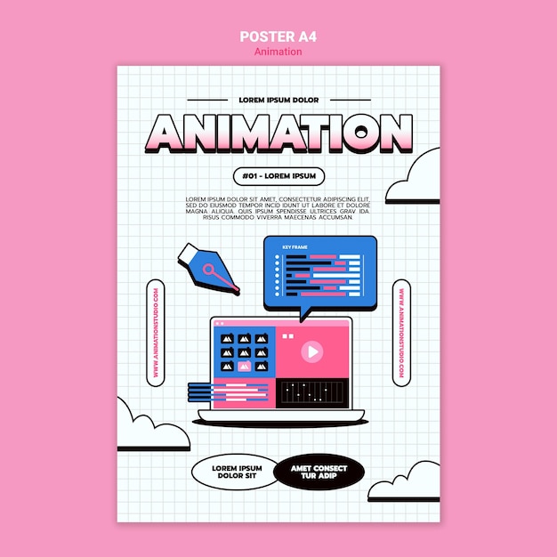 無料PSD コンピュータアニメーションの垂直ポスターテンプレート