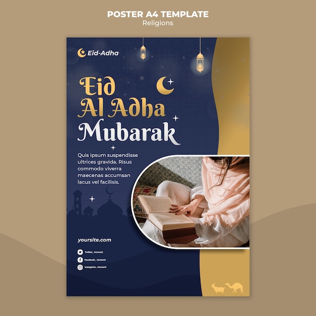 Бесплатный PSD Вертикальный шаблон плаката для празднования ид аль адха