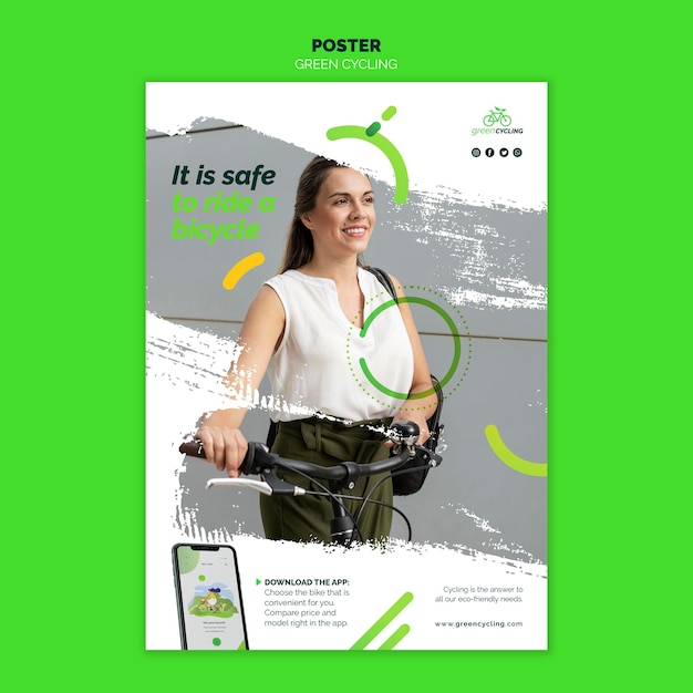 無料PSD 緑の自転車用の垂直ポスターテンプレート