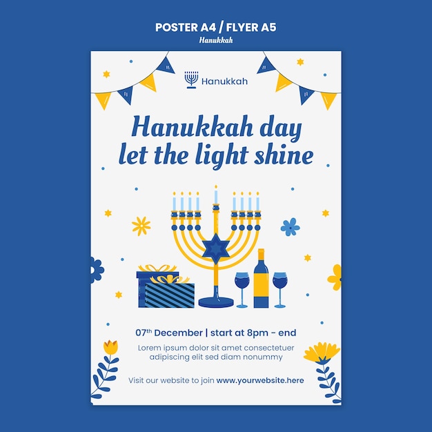 Бесплатный PSD Вертикальный шаблон плаката для еврейского праздника хануки