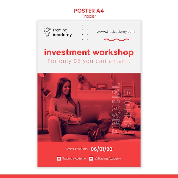 Бесплатный PSD Вертикальный шаблон плаката для занятия инвестиционным трейдером