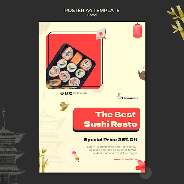 Бесплатный PSD Вертикальный шаблон плаката для ресторана японской кухни