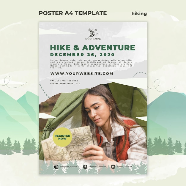 無料PSD 自然ハイキングのための垂直ポスターテンプレート