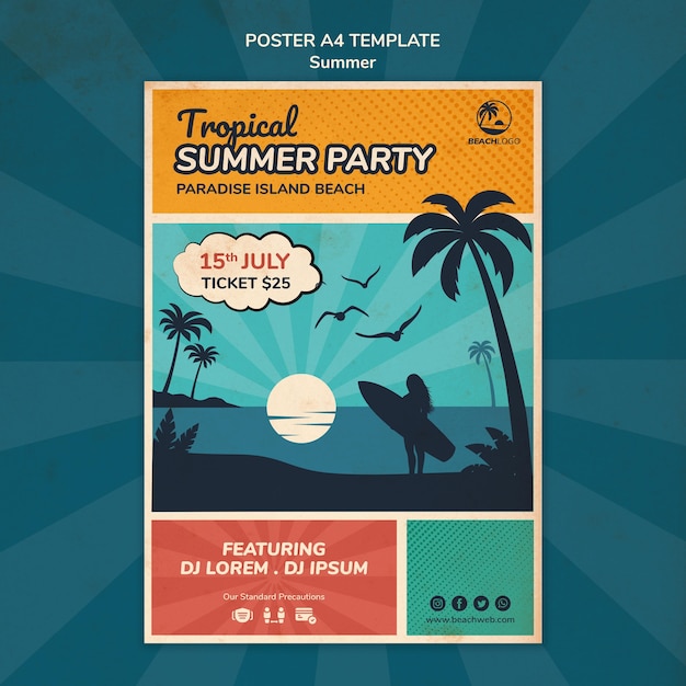 Бесплатный PSD Вертикальный шаблон плаката для тропической пляжной вечеринки