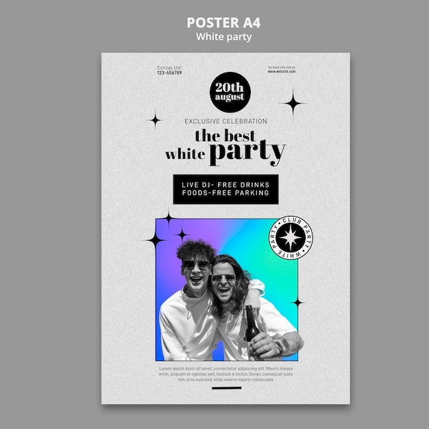 無料PSD ホワイトパーティーの縦のポスターテンプレート