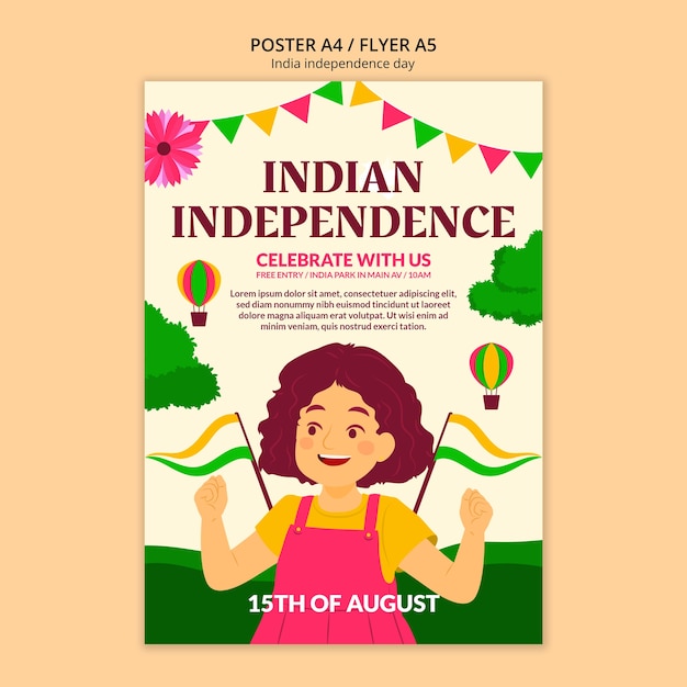 Modello di poster verticale per la celebrazione del giorno dell'indipendenza dell'india