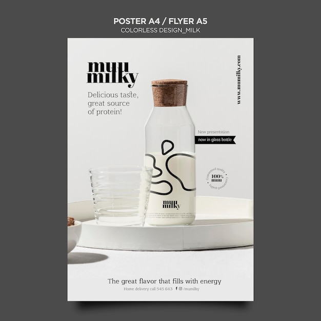 PSD gratuito modello di poster verticale per latte con design incolore