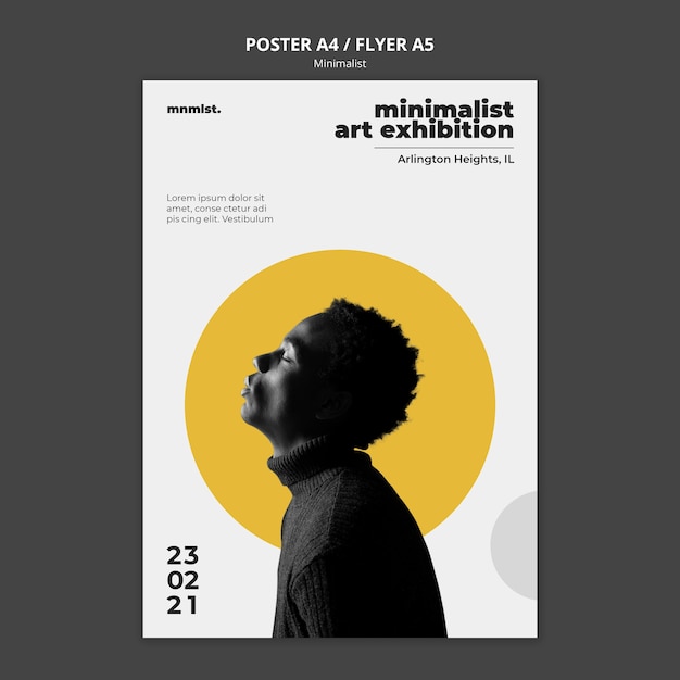 PSD gratuito modello di poster verticale in stile minimal per galleria d'arte con l'uomo