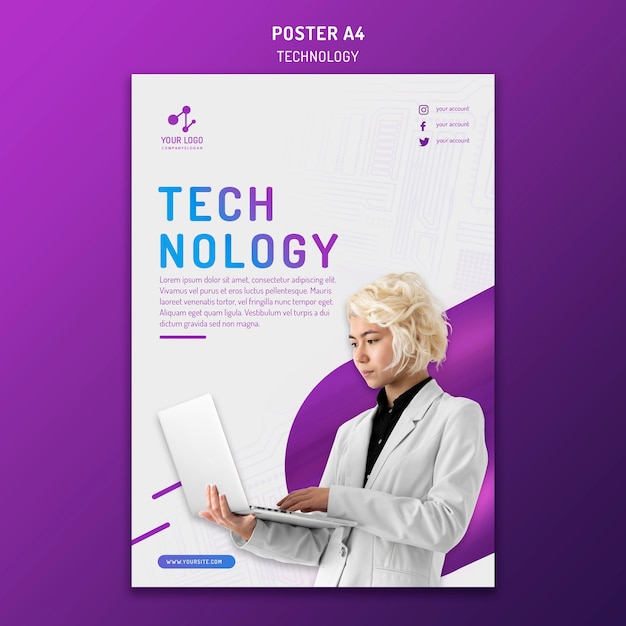 Free PSD vertical poster template for modern technology with laptop