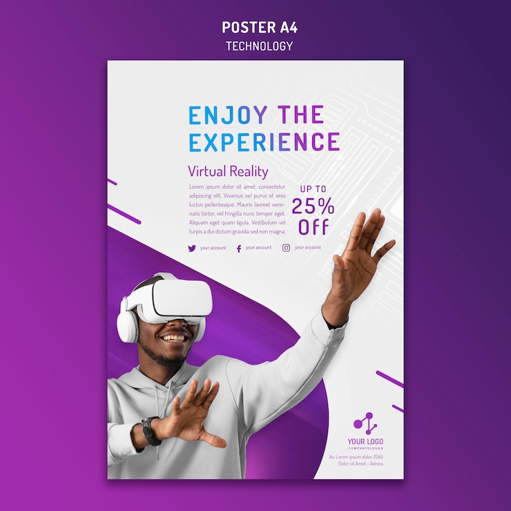 Free PSD vertical poster template for modern technology with virtual reality headset