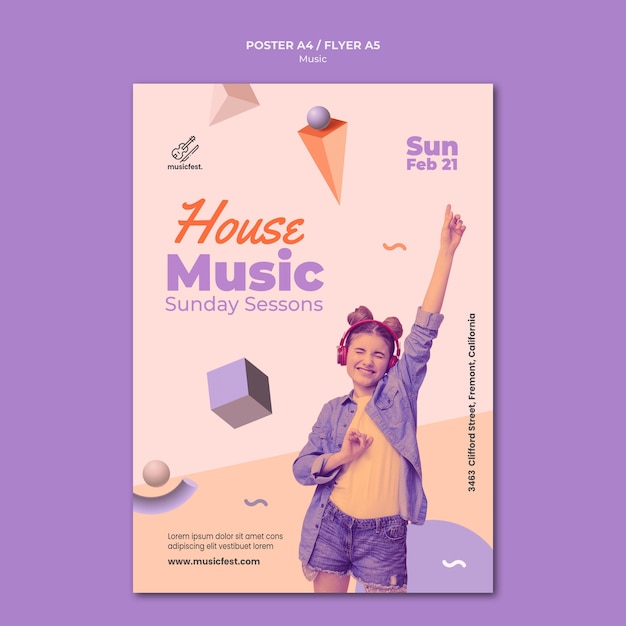 Free PSD vertical poster template for music with woman using headphones and dancing